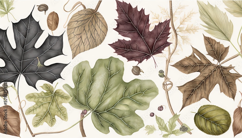  a group of different leaves and acorns on a white background with a white background and a white ba