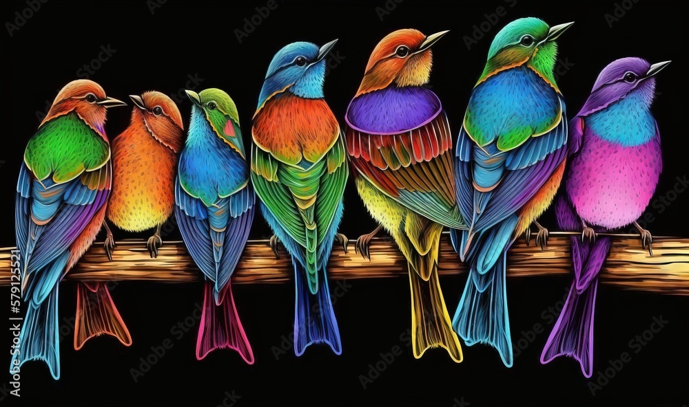  a group of birds sitting on top of a wooden branch in front of a black background with a rainbow co