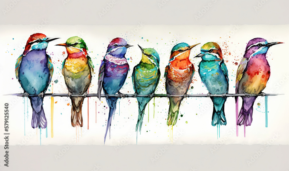  a group of birds sitting on a wire with paint splattered on its sides and a white wall behind them