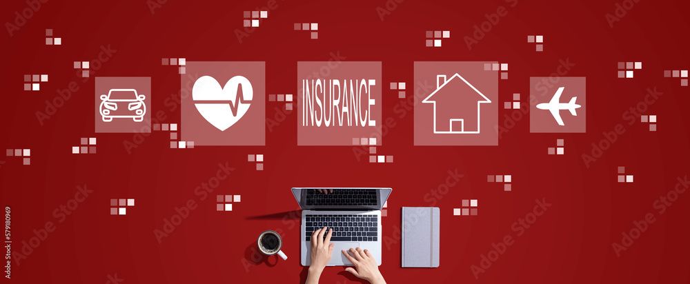 Insurance concept with person working with a laptop
