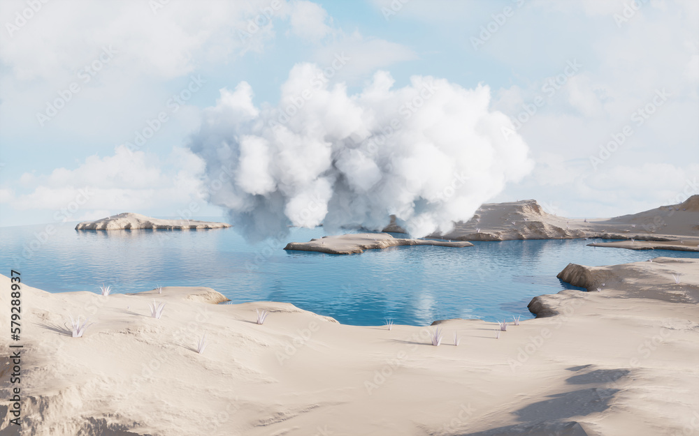 Barren land and lakes with cloud floating, 3d rendering.