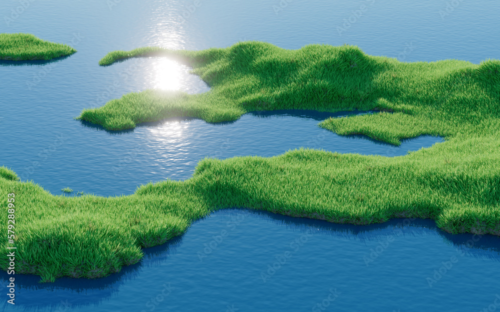 Green grassland with lakes, 3d rendering.