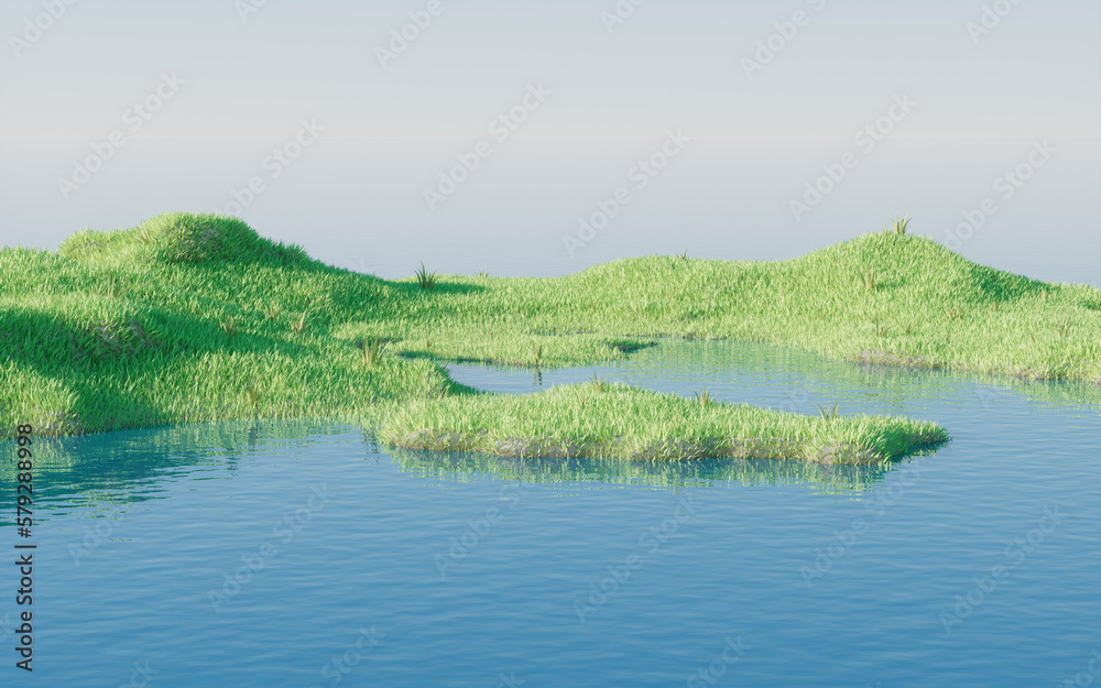 Green grassland with lakes, 3d rendering.