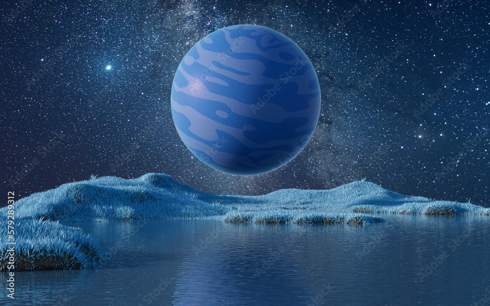Planet with milky way at night, 3d rendering.