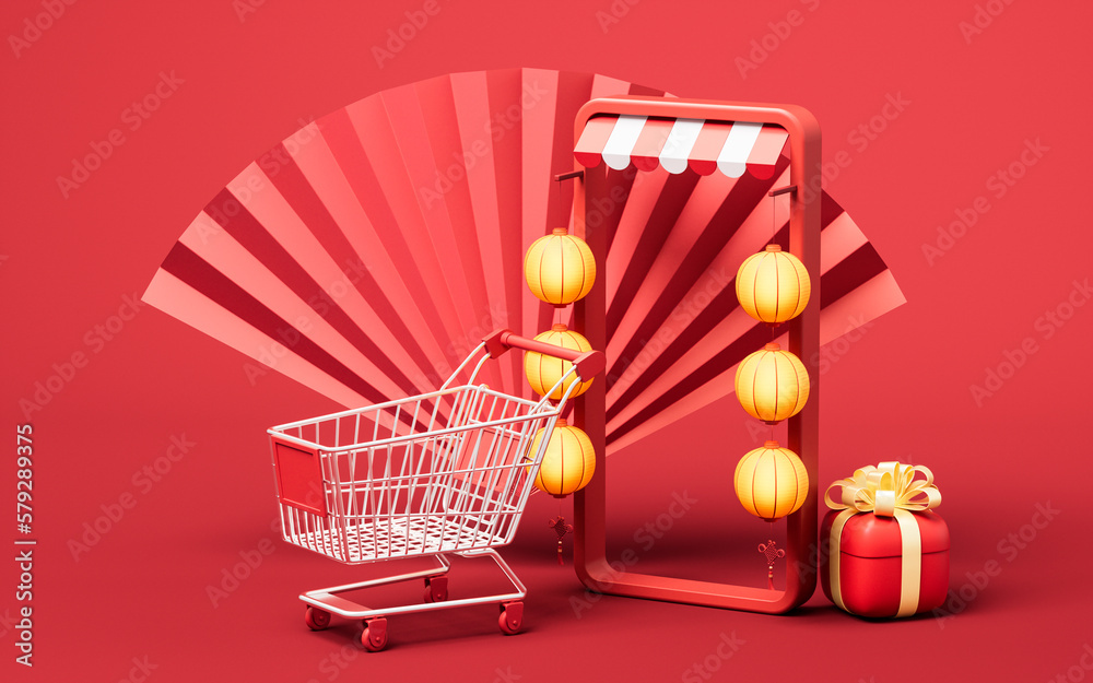 Online shop with 3d cartoon style, 3d rendering.