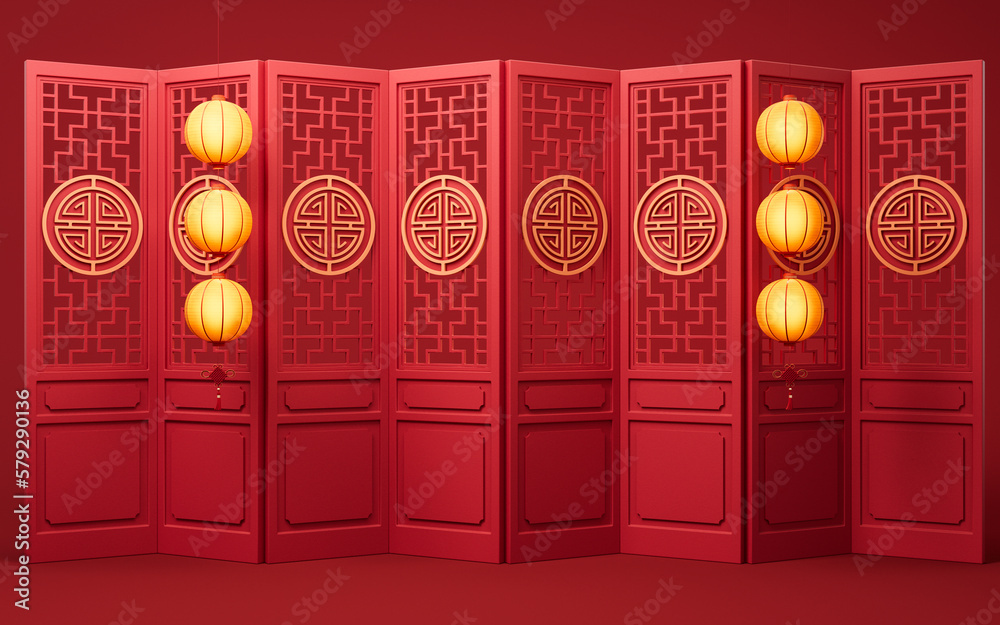 Ancient Chinese door with glow lanterns, 3d rendering.