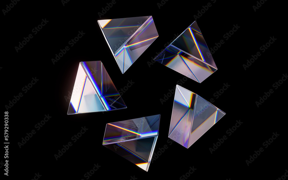 Glass geometries with dispersion colors, 3d rendering.