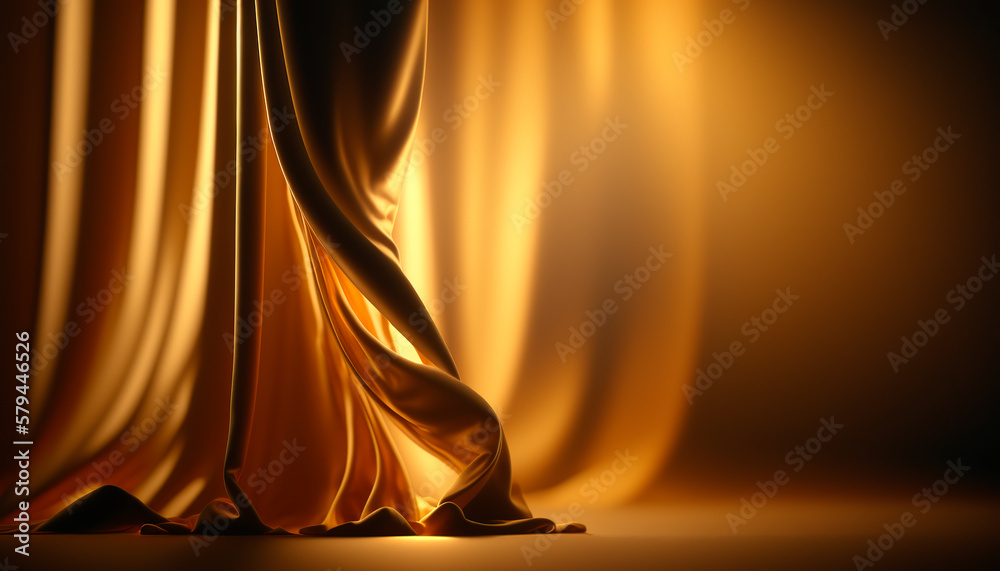 Stage Curtains In Light Wave Bright Gold Gradient Silk Fabric With Copy Space. Generative ai