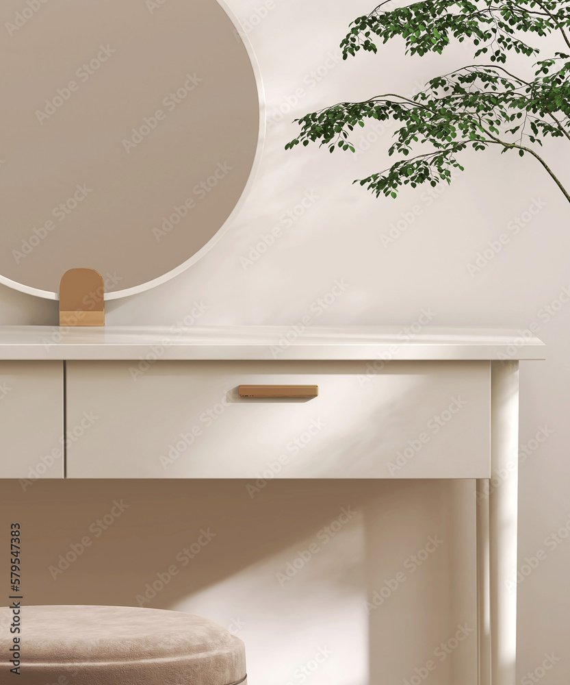 Empty modern, minimal beige dressing table, gold handle drawer storage, round vanity mirror, stool, 
