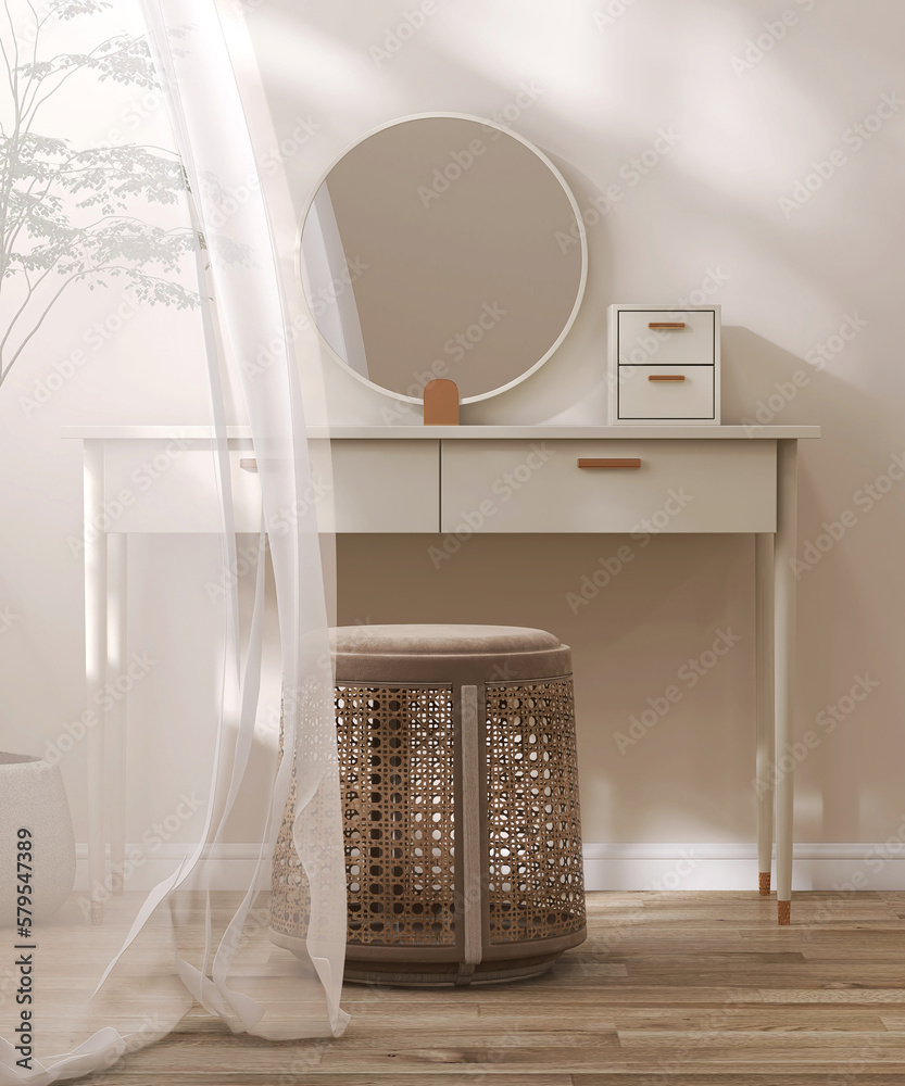 Empty modern beige dressing table, gold handle drawer storage, round vanity mirror, blowing curtain,