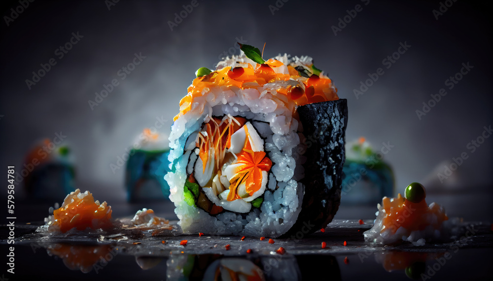 Fresh sushi roll close-up on dark background. Generative AI