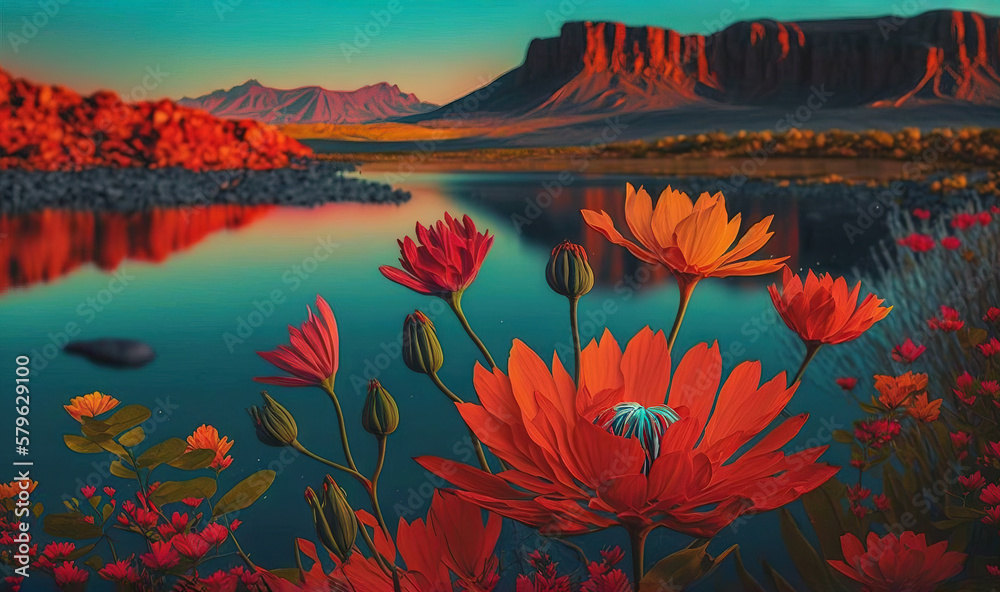  a painting of a mountain lake with flowers in the foreground and a mountain range in the background