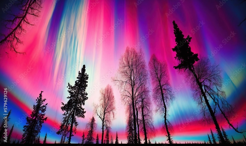  a colorful aurora bore is seen in the sky above a forest of trees and snow covered trees in the for