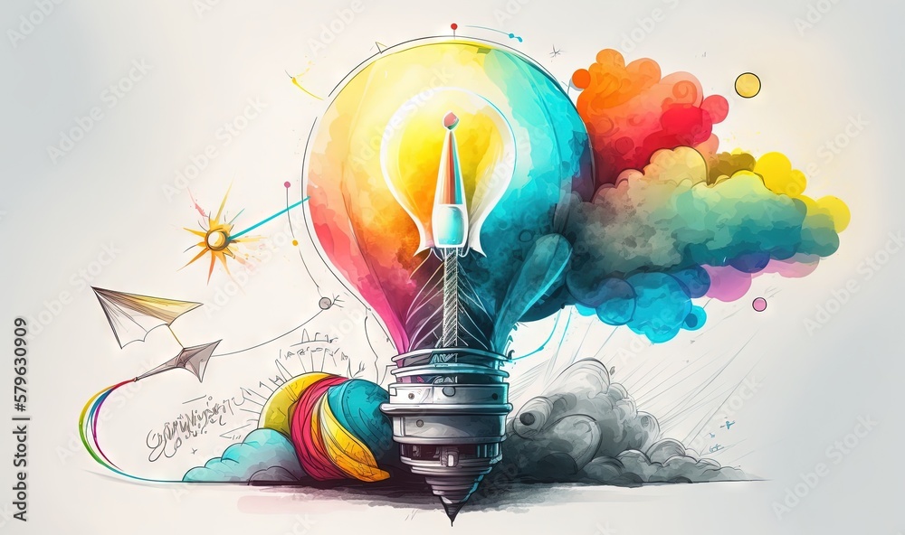  a drawing of a colorful light bulb with a kite flying in the sky above it and a cloud of smoke comi