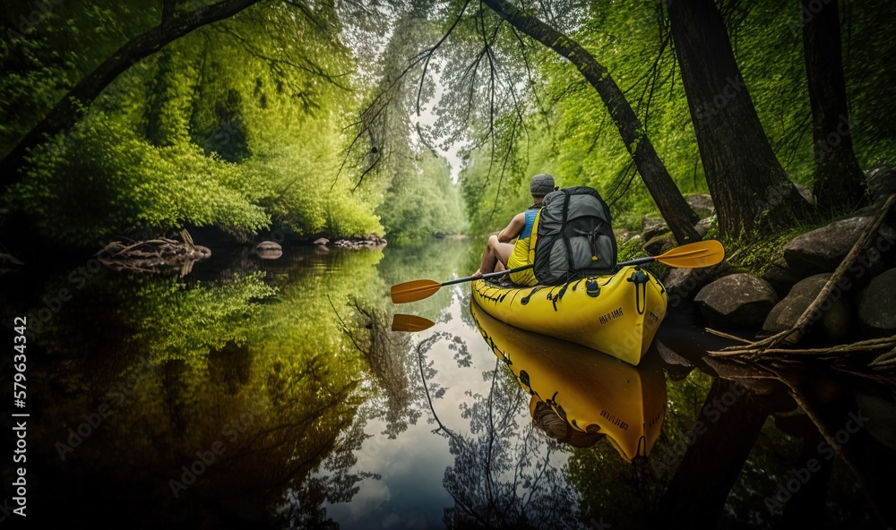  a man in a yellow kayak on a river surrounded by trees and a rock wall with a backpack on his back 