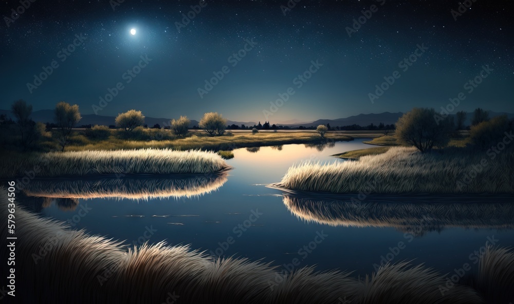  a painting of a river at night with a full moon in the sky and a few stars in the sky above the wat