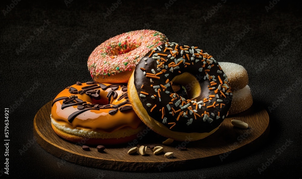  a group of donuts sitting on top of a wooden plate on a black background with a black background be