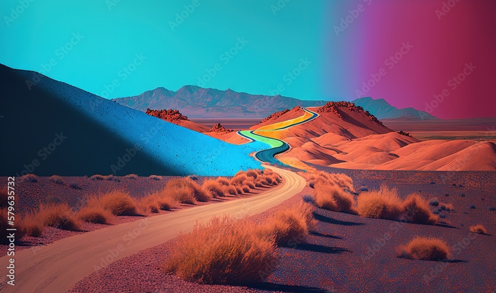  a road going through a desert with a rainbow in the sky above it and mountains in the distance with