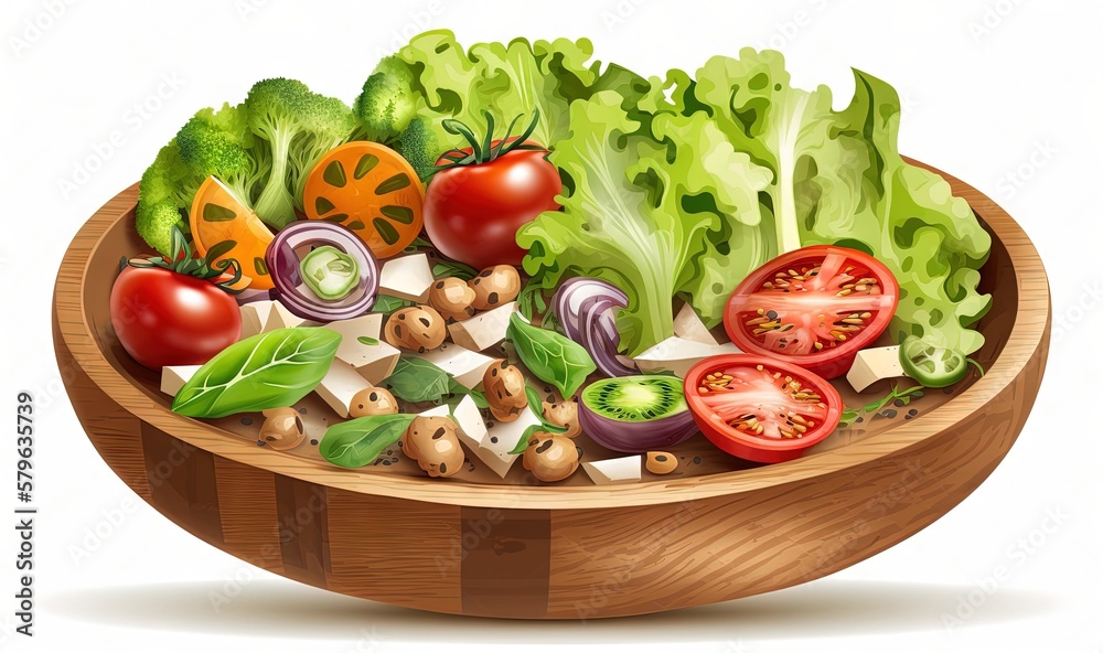  a wooden bowl filled with lots of different types of vegetables on top of a white surface with a wo