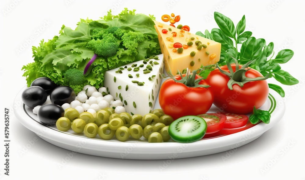  a plate of vegetables and cheese on a white plate with a green leafy garnish on top of the plate is