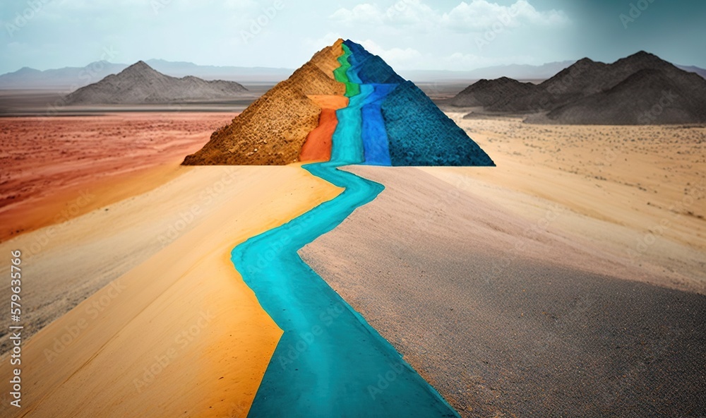  a desert landscape with a stream of water in the middle of it and a pyramid in the middle of the de