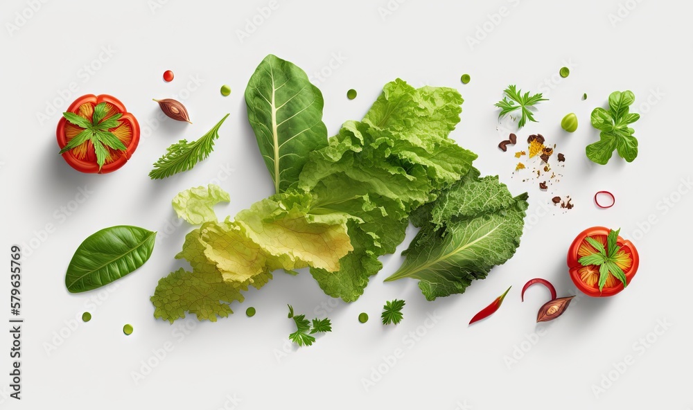  lettuce, tomatoes, and other vegetables on a white surface with scattered seeds and herbs around th