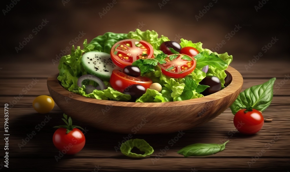  a wooden bowl filled with lettuce, tomatoes and olives on top of a wooden table next to tomatoes an