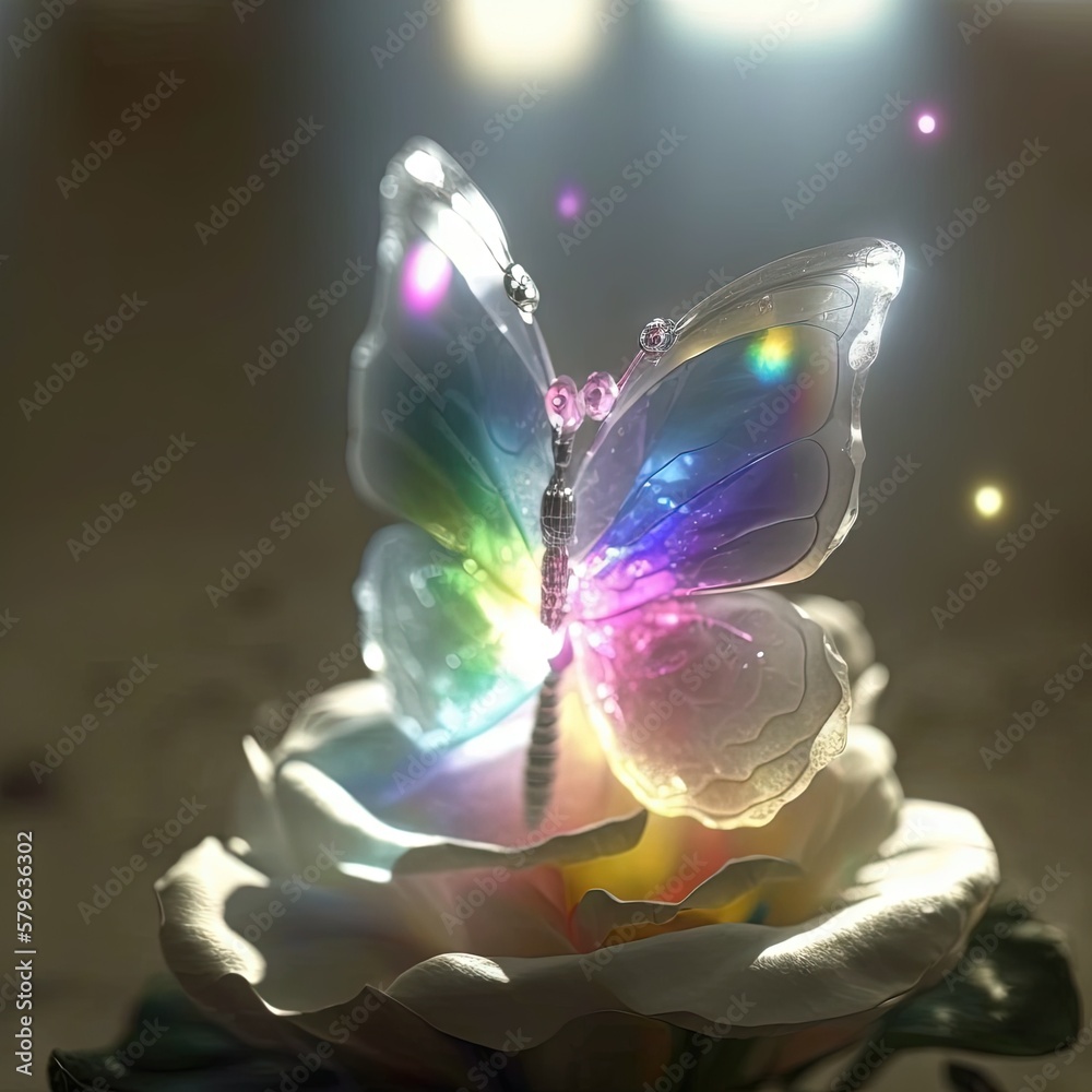  a colorful butterfly sitting on top of a white flower in a vase with a light shining on its back s