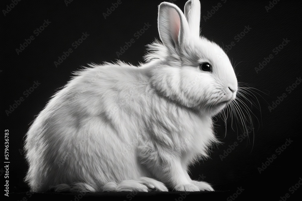  a white rabbit sitting on top of a black floor next to a black wall and a black background with a w