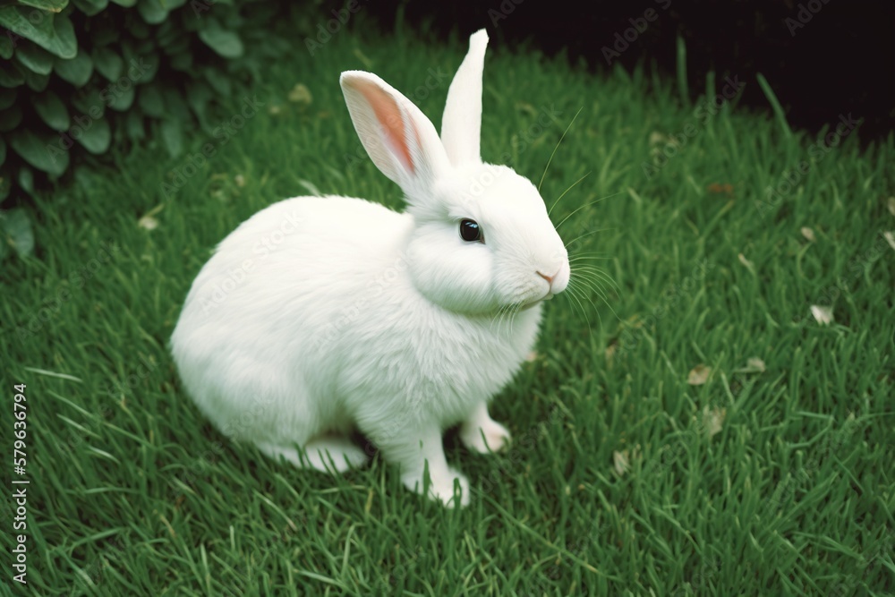  a white rabbit sitting on top of a lush green grass covered field next to a bush with leaves on it