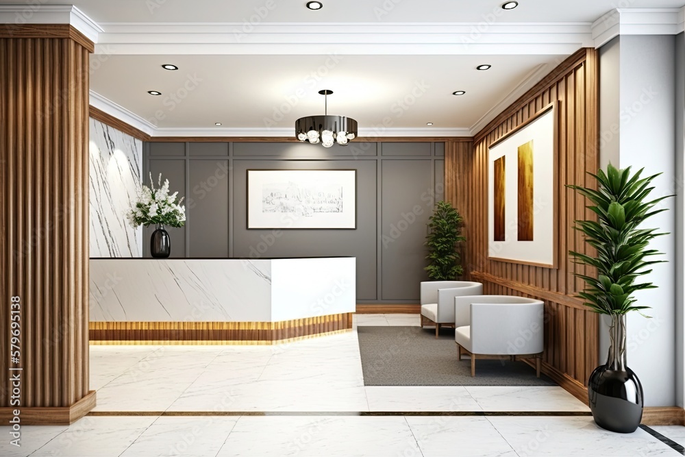 A luxury and contemporary lobby area with a reception counter in a white and wood style interior des