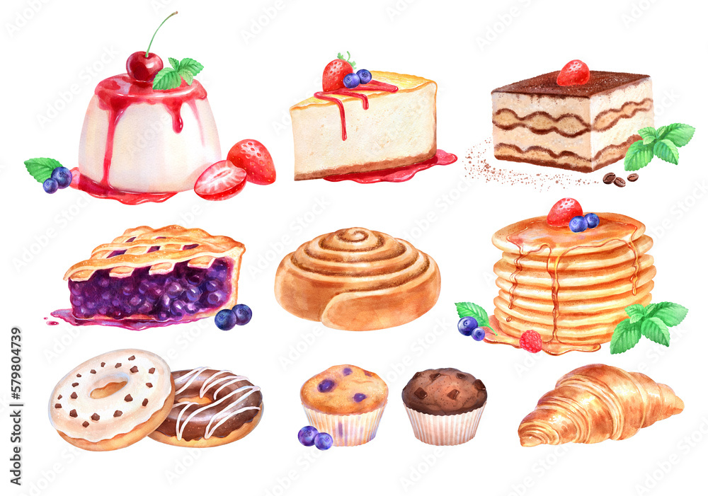 Hand painted watercolor illustration set of Desserts on white background