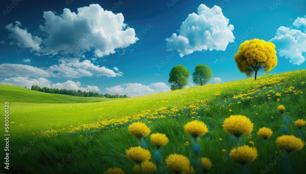 A scenic meadow field with lush green grass and bright yellow dandelion flowers in a natural setting