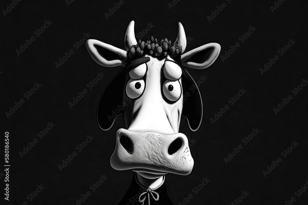 Cartoon cows head in black and white. Generative AI