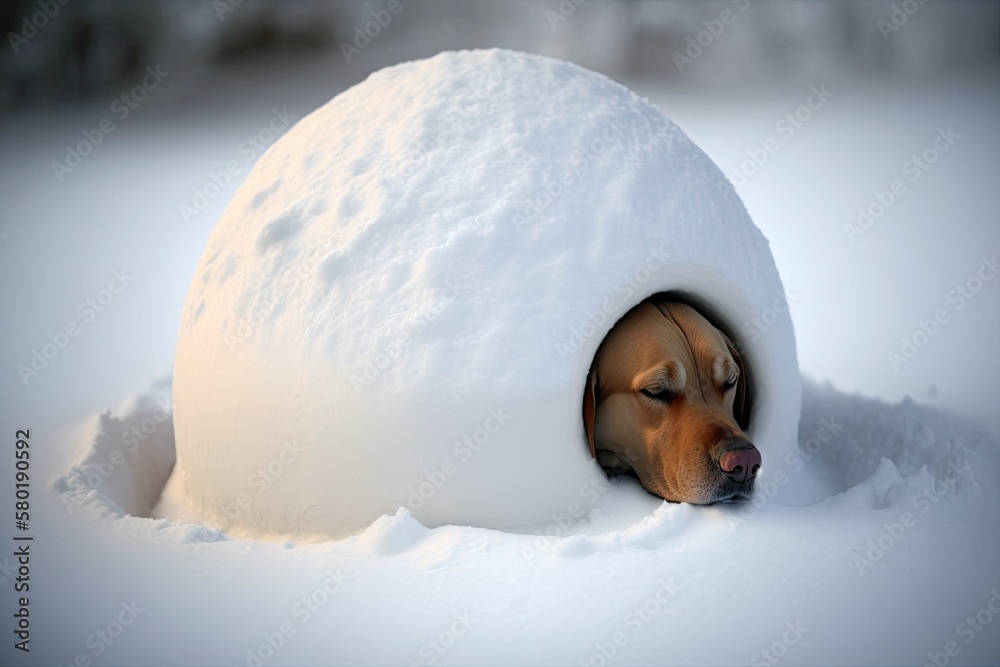 an igloo dog sleeping in the snow. Generative AI