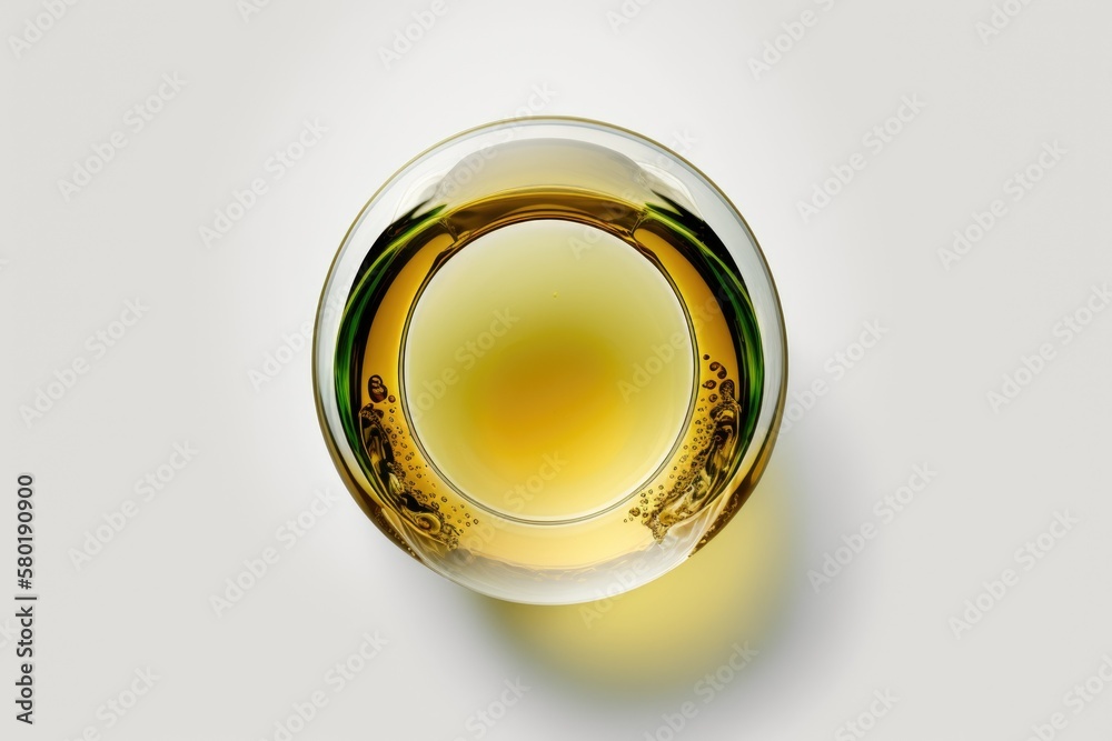 Top down shot of a glass of white wine against a white background. Generative AI