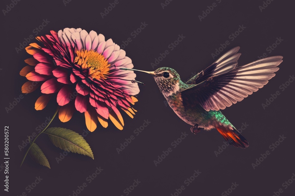 A zinnia bloom and a hummingbird hovering in midair. Generative AI