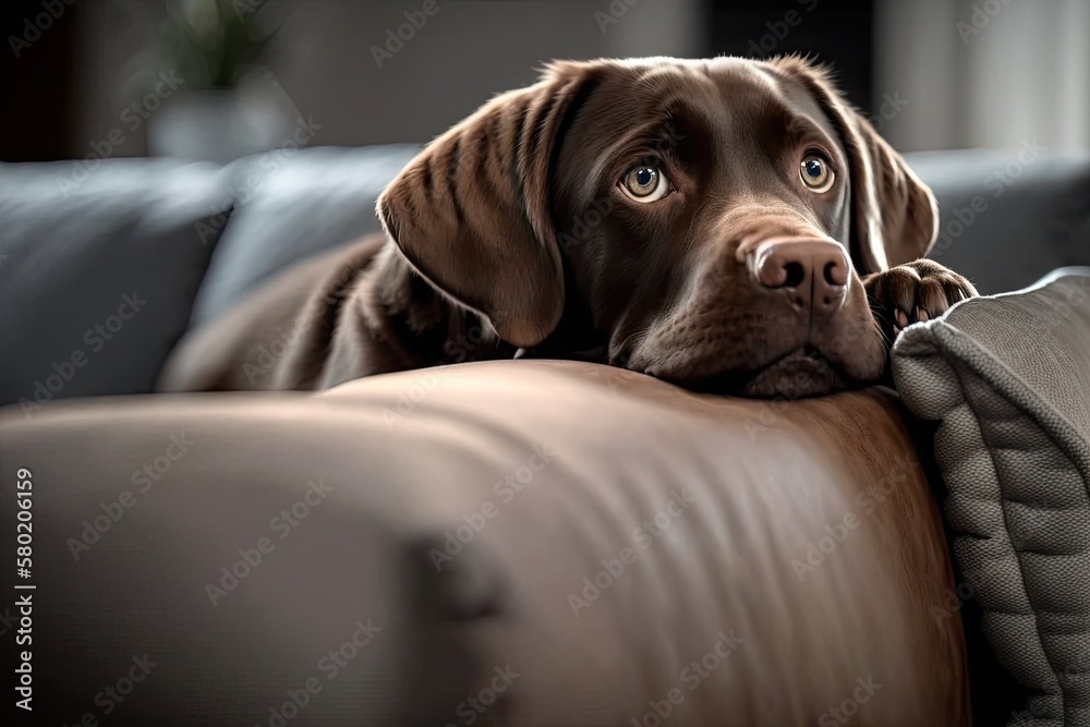 Portrait of a chocolate labrador retriever that is 18 months old and is lying on a grey sofa. Brown 