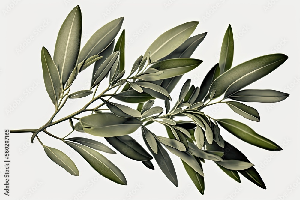 Olive leaves in green, isolated on a white backdrop. Generative AI