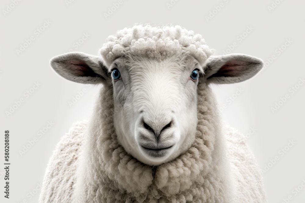 A white sheep with just its face visible, munching while gazing towards the camera, isolated, on a w