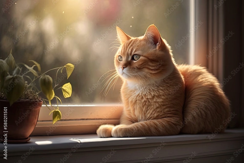 A cute red tabby cat relaxes at home on the windowsill with the window open. It looks out into the g