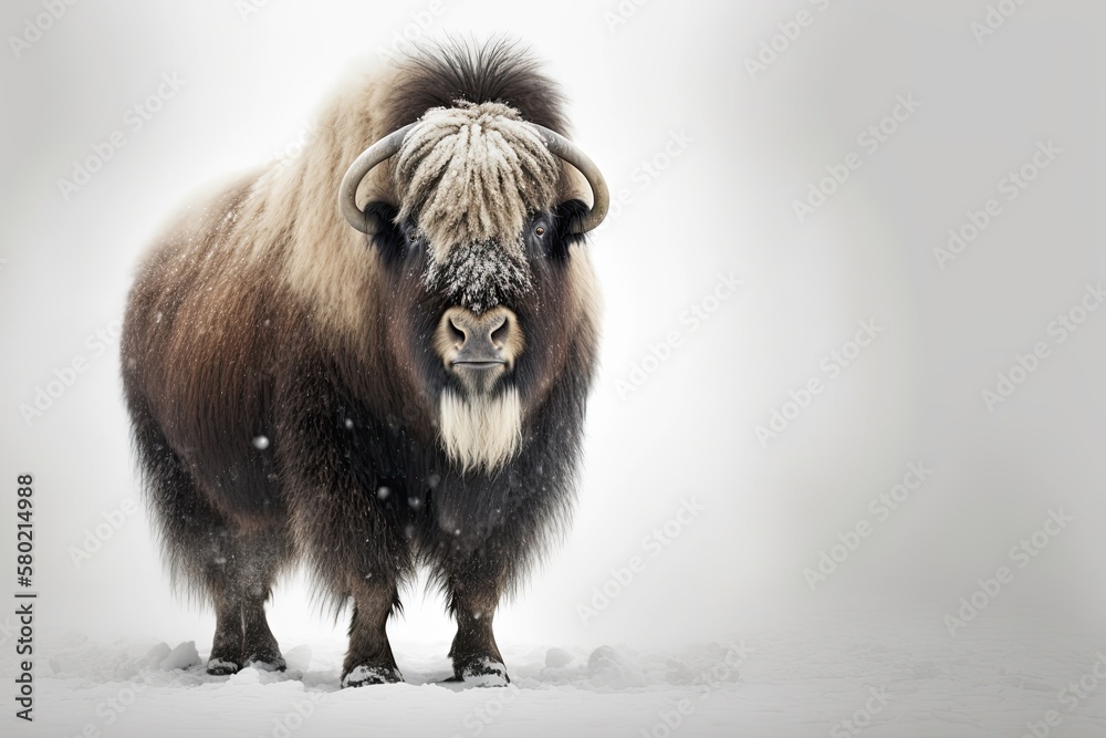 Muskox (Ovibos moschatus) standing alone on a white background with its coat blowing in the winter s