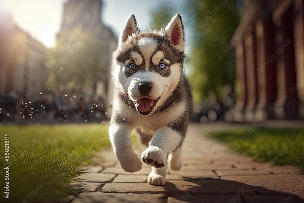 Puppie siberian husky frolicking in the park and giving the camera the puppy dog look. Generative AI
