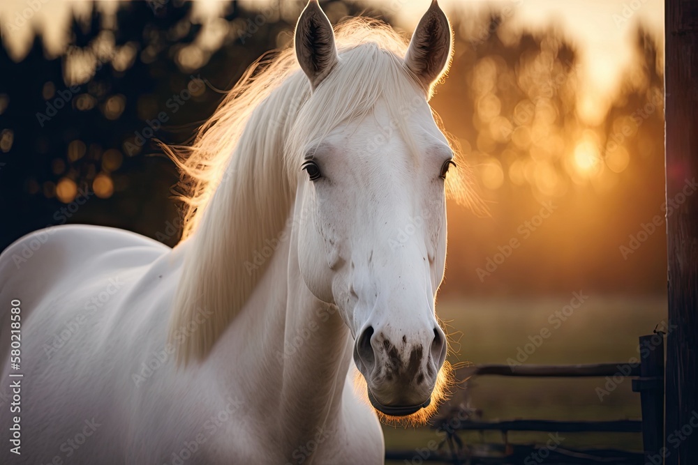 Horse portrait at sunset. Farm animals. Close up picture of a white horse with a white mane. At suns