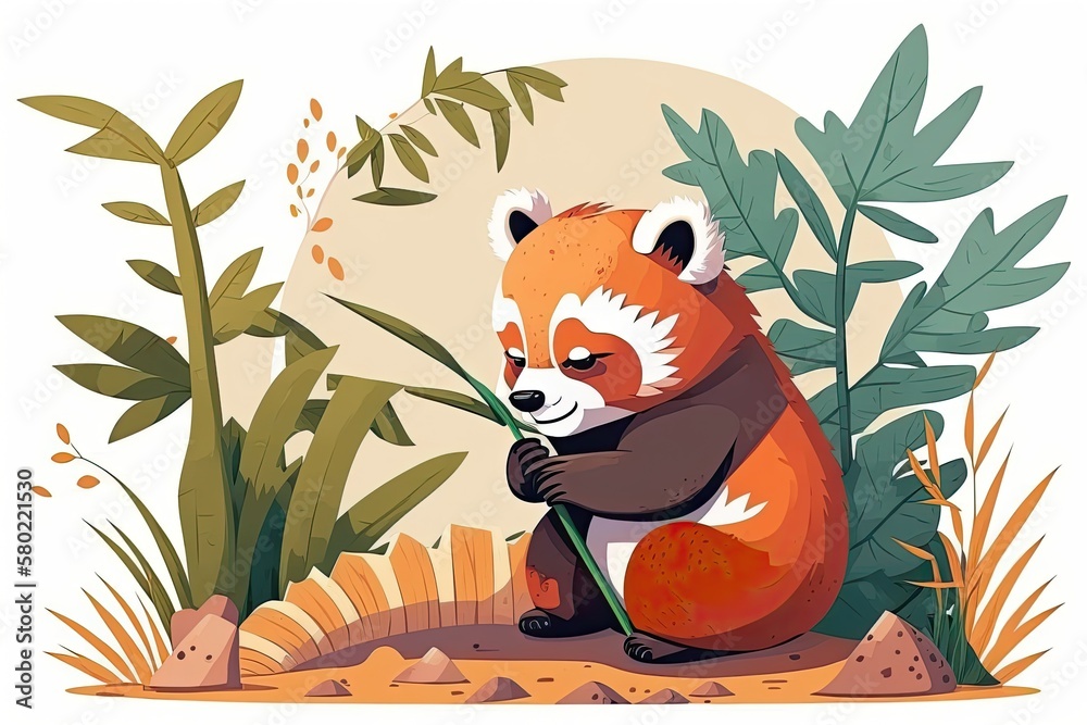 Cartoon picture of a cute red panda chewing bamboo. animal nature symbol design, flat cartoon style,