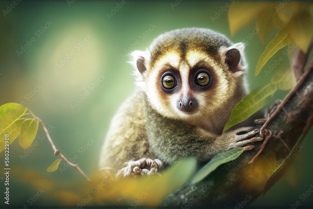 A cute little slow loris is climbing up a tree branch, and the green background is clear but blurry.