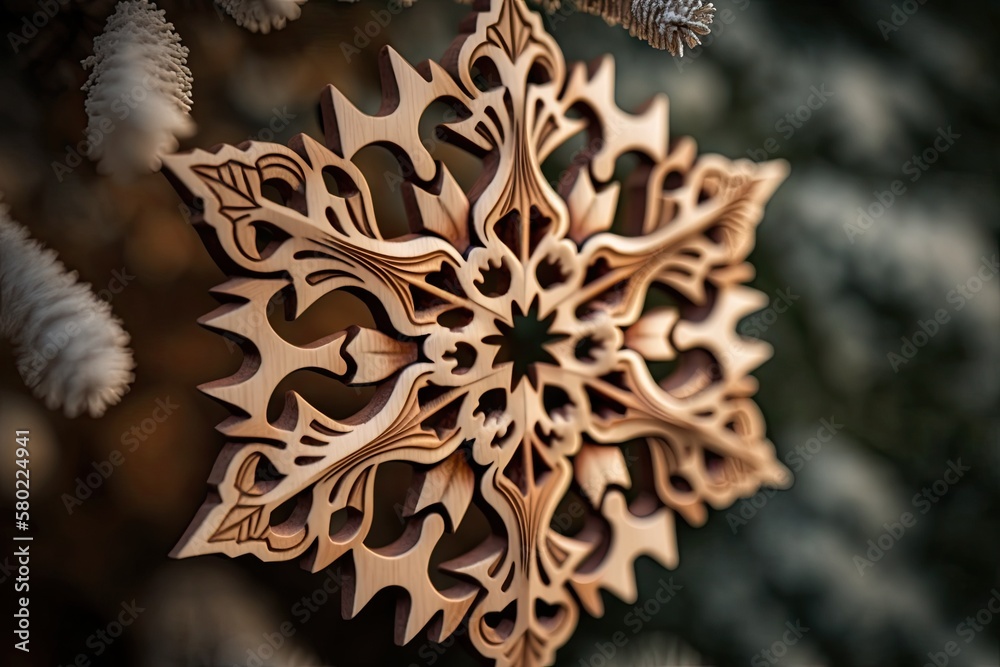 An ornament in the form of a wooden snowflake is shown up close on a pine tree. Generative AI