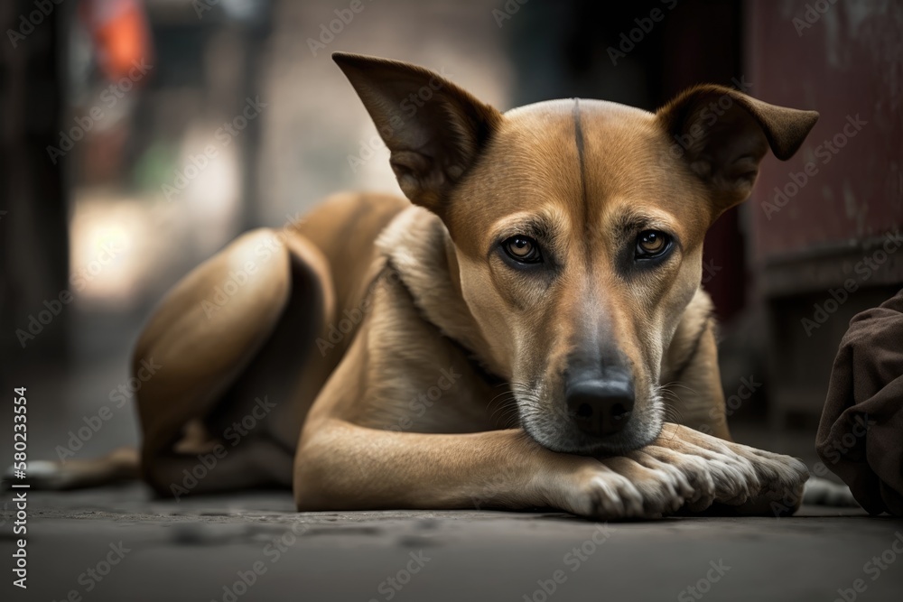 Thailand has stray dogs. The idea of pity, The brown Thai dog is lying on the ground. This is an ani