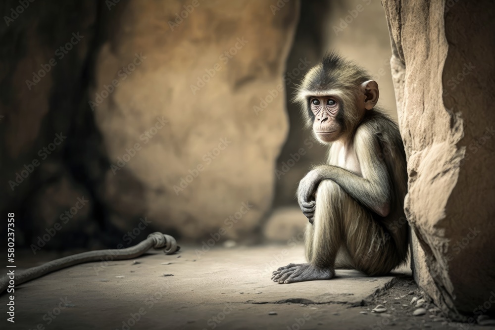 A young monkey is sitting alone, and the rest of the group can be seen in the distance. Generative A