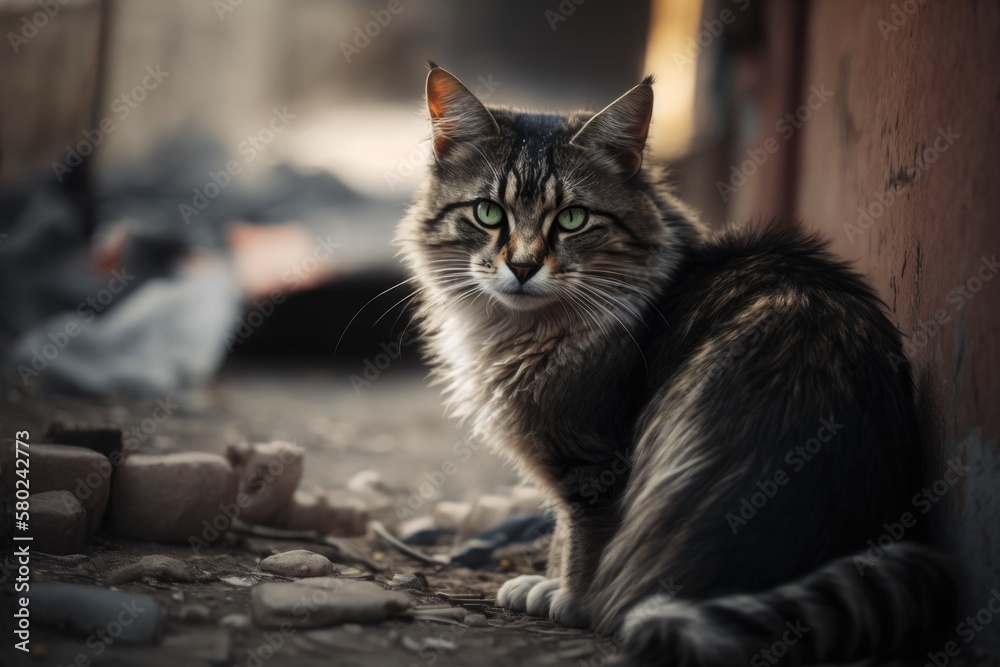 A stray cat. A picture of a dirty, homeless cat. Animals are homeless. Depth of field is small. A st